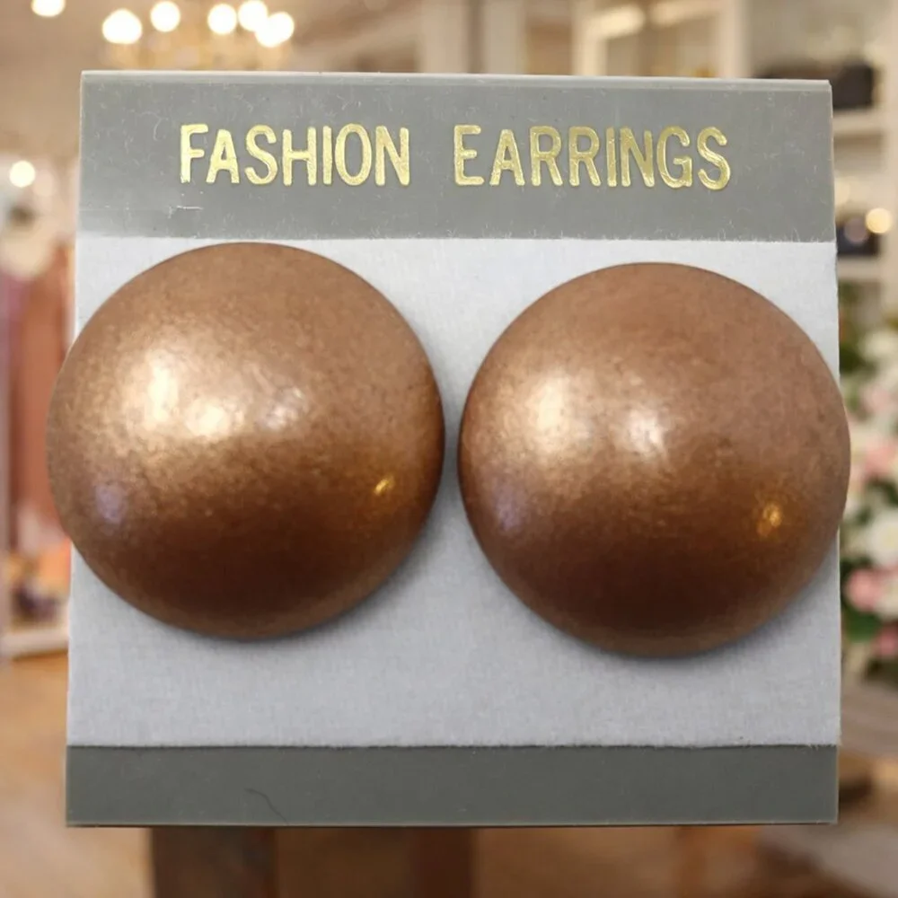 Vintage 80s Pierced Button Earrings Bronze Metallic Look New Old Stock - Hey Viv